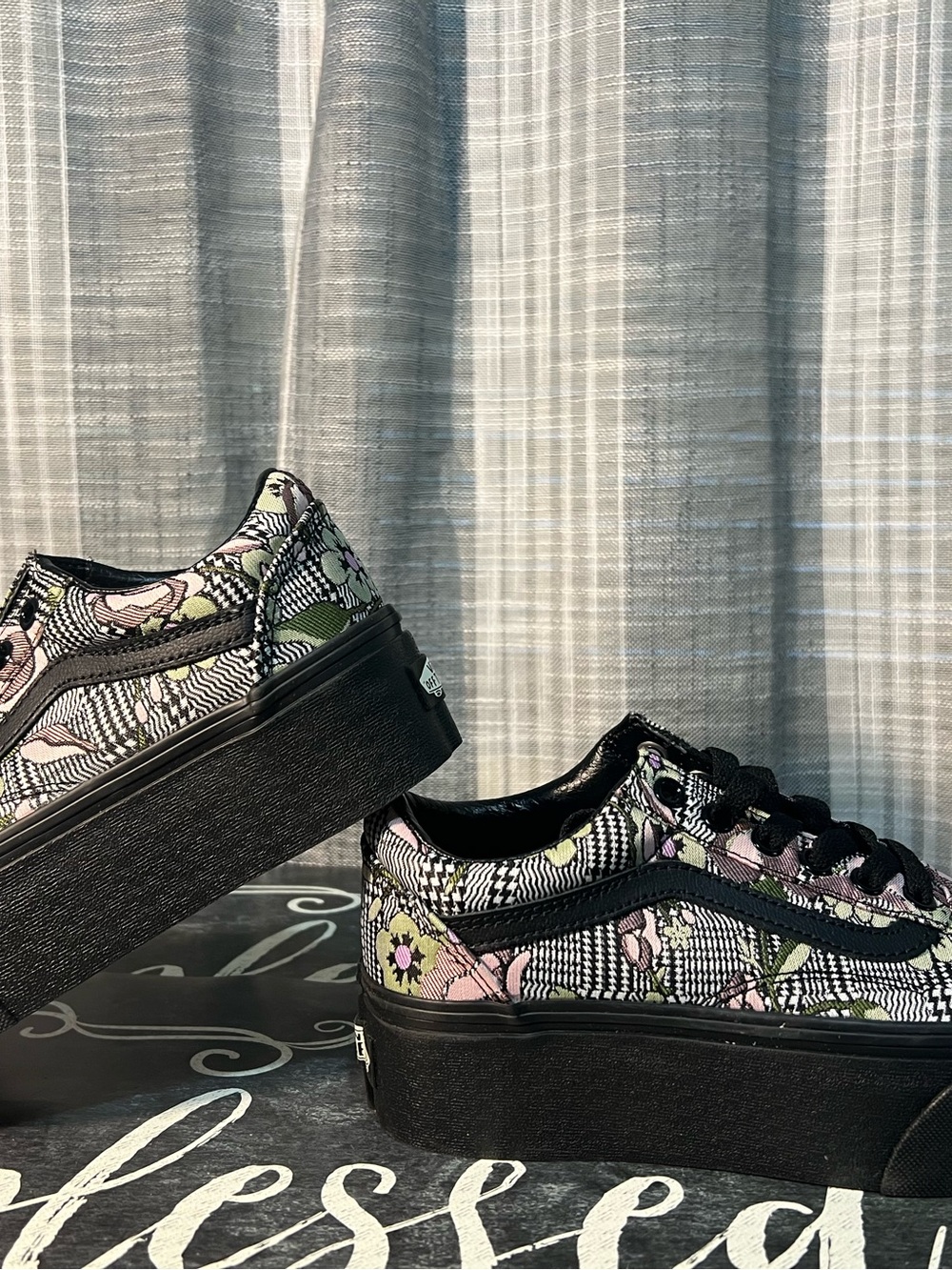 Vans Platform Old Skool Floral Check Sneakers - Black/Pink/Green